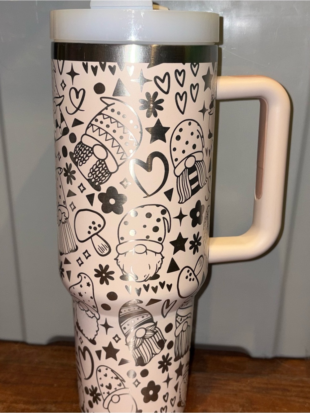 Rae Dunn Pink Travel Mug with Black Gnome Pattern and Handle